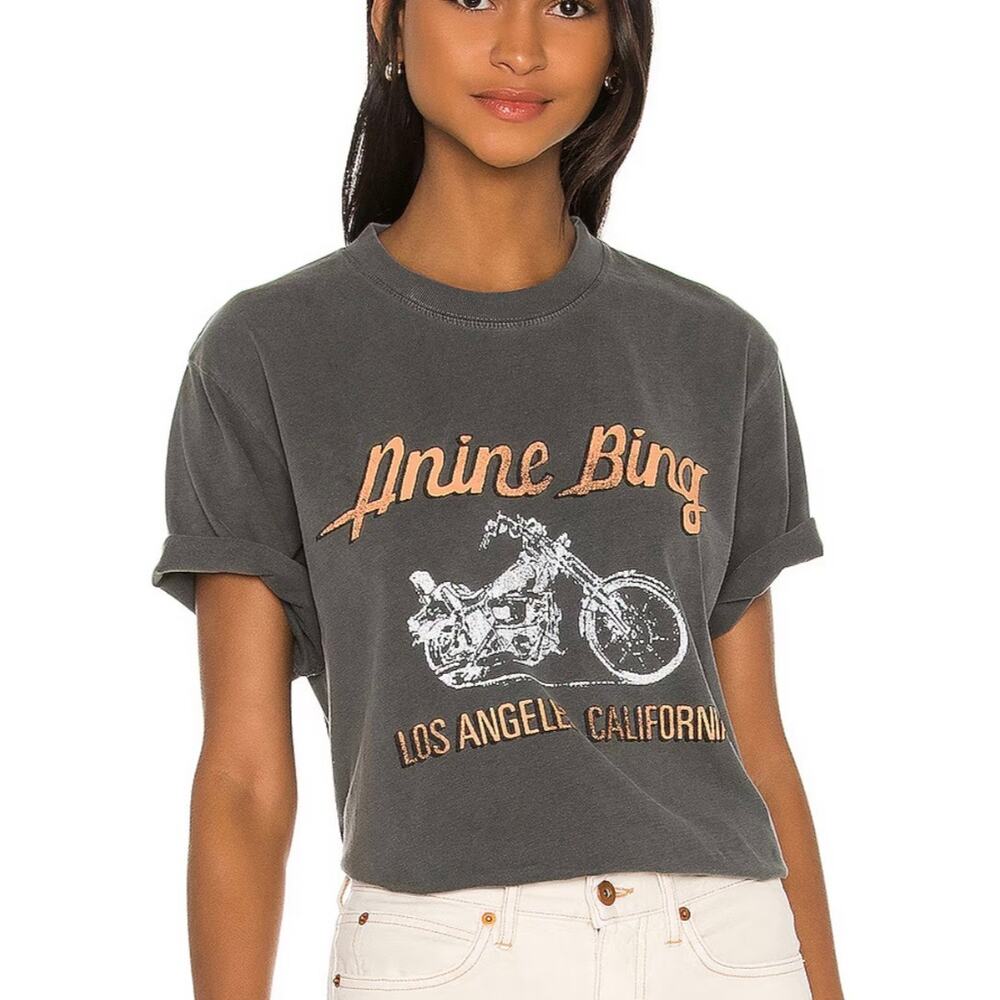 ANINE BING Lili Gun Powder Motorcycle Tee - Gray - Size S